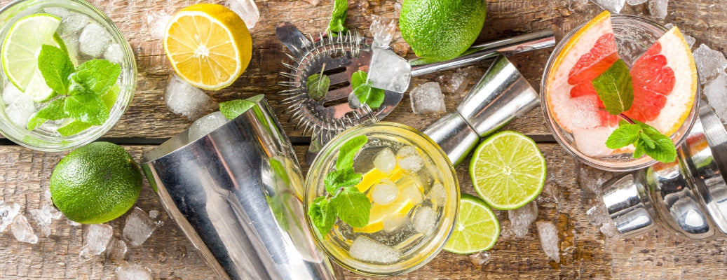 overhead image of cocktail glasses and ingredients