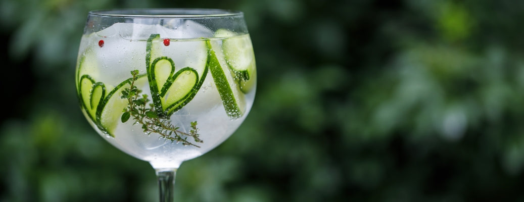 A glass of gin and tonic with ice and slices of cucumber